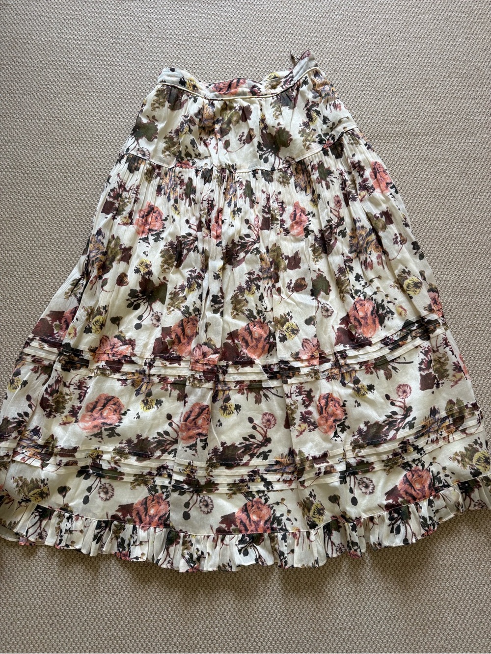 Ulla Johnson Cream Maxi Skirt with Pink and Olive Floral Print